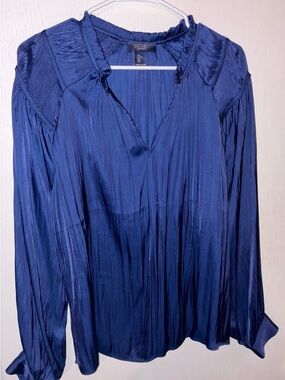Rachel Navy Pleated V-Neck Long-Sleeve Blouse